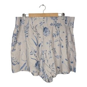 H&M Blue Creamy White Floral Print Linen Blend Pull On Women's Shorts XL